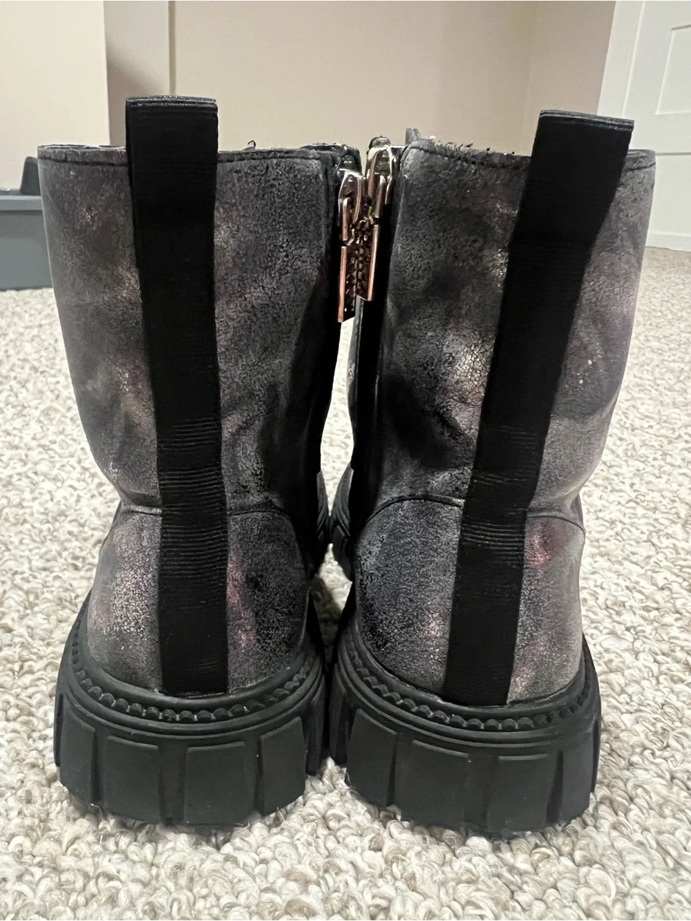 DKNY Girls Sparkle Rhinestone Metallic Charcoal Combat Boots Size 1